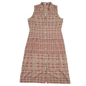 Tape Measure Plaid Shirt Dress Sleeveless Red Tan Button Front Size 8 Retro Geo